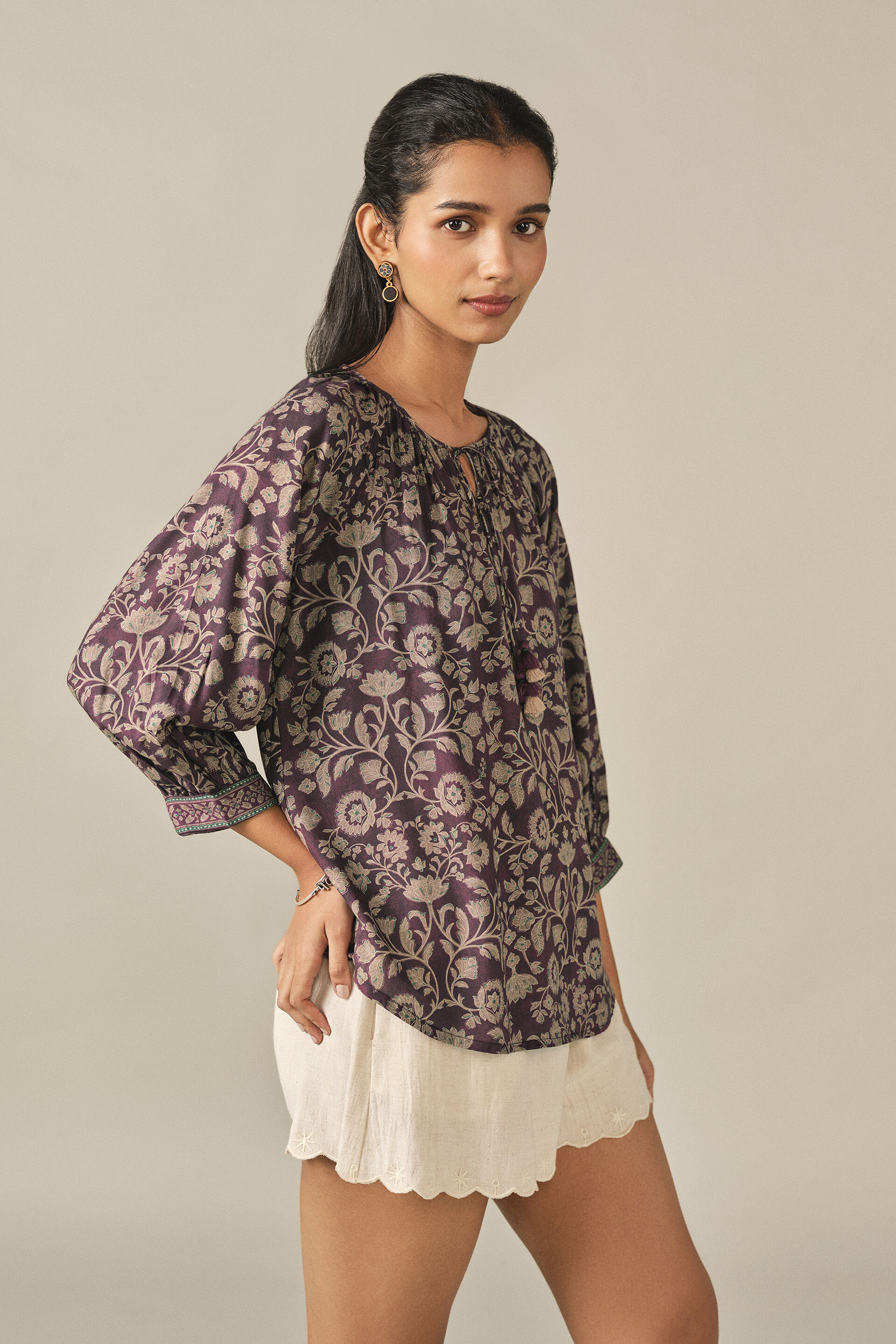 Printed Peasant Top in Purple, Purple, image 2